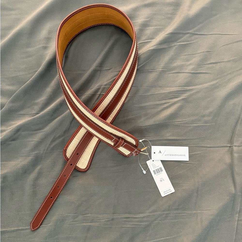 Anthropologie Brown and Cream Leather-Trim Woven Belt